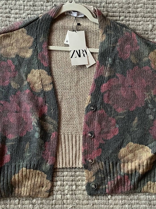 Zara Sweaters - ZARA Floral Knit Button-Up Cardigan - Pink, Beige & Charcoal